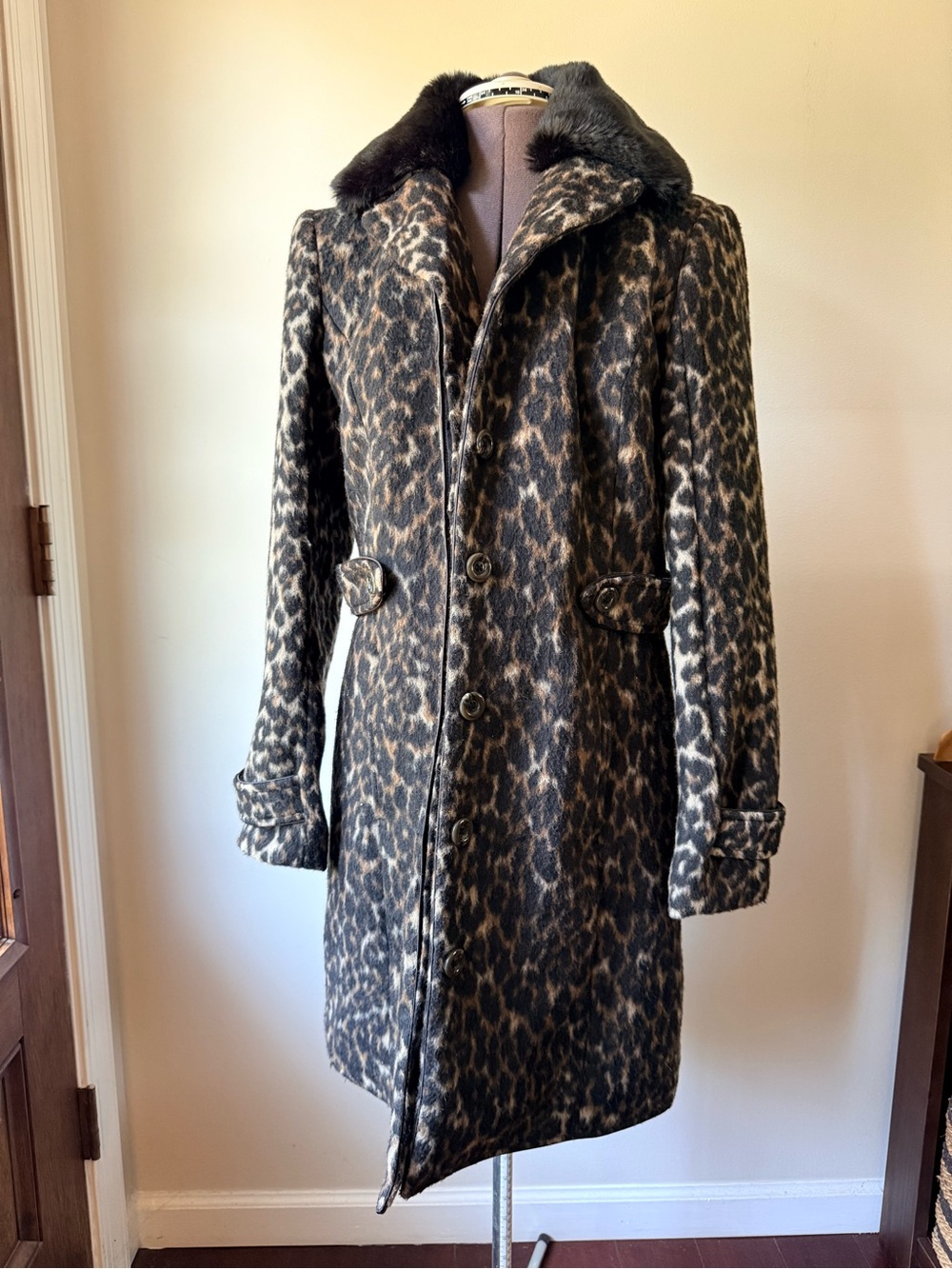 Merona Leopard-Print Wool Coat with Faux Fur Collar